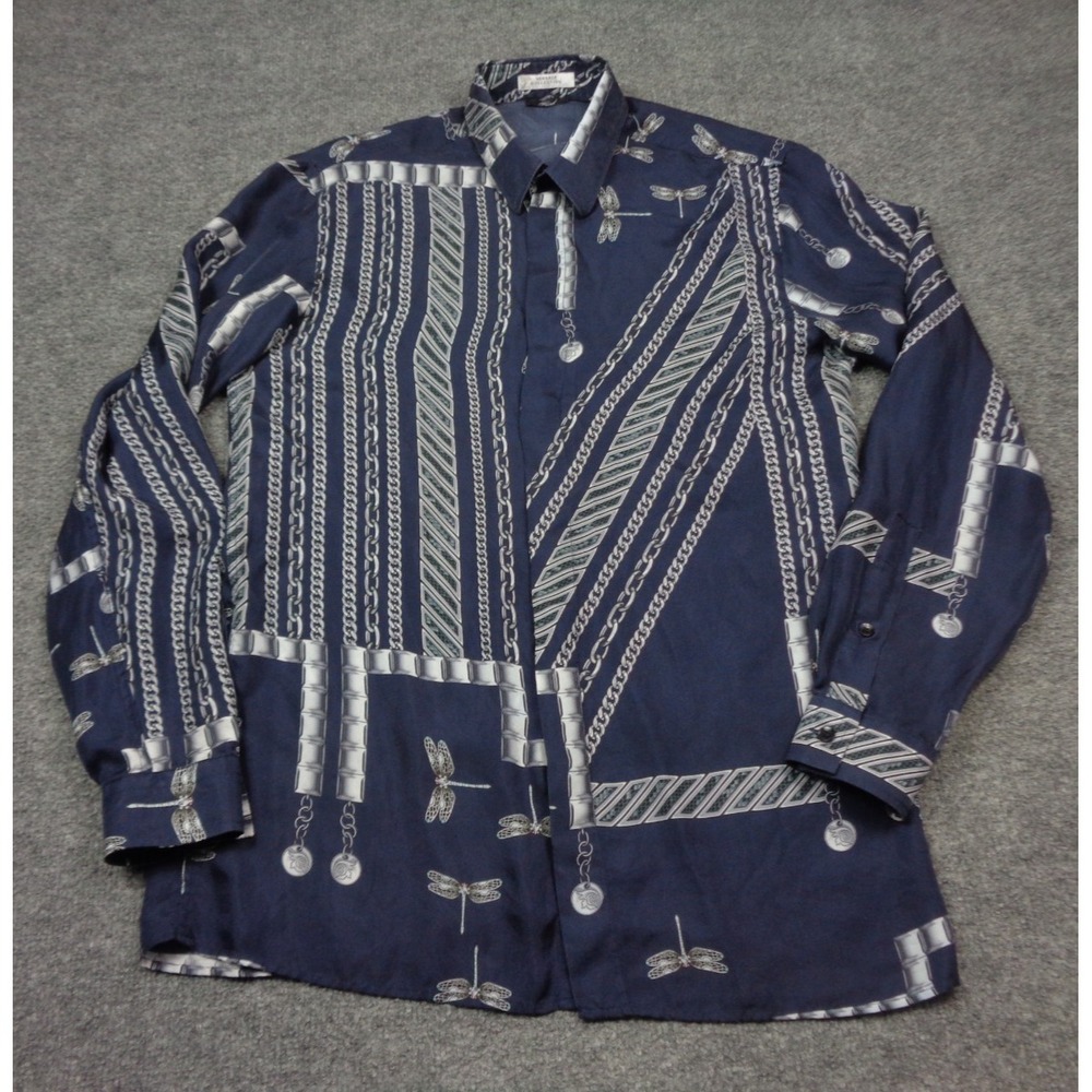Versace Collection Shirt Mens 40 Silk Navy Dragon Fly Button Up  Long Sleeve